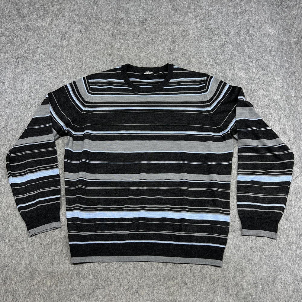 Murano Sweater Mens XL Black Gray Stripe Crewneck‎ Pullover Modern Performance